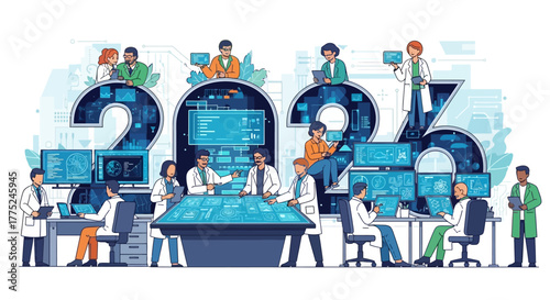 Future technology lab with scientists working on data