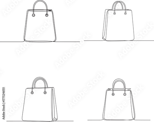 Four minimalist hand drawn sketches of elegant tote bags on a white background
