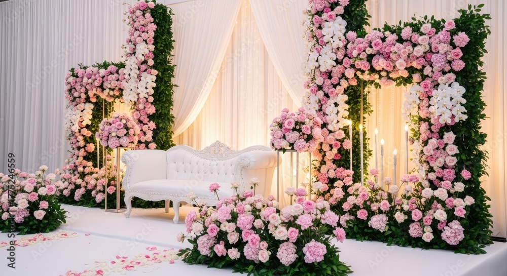 Fototapeta premium A beautiful wedding stage decoration with pink and white flowers, creating a romantic and elegant atmosphere for the special day celebration event