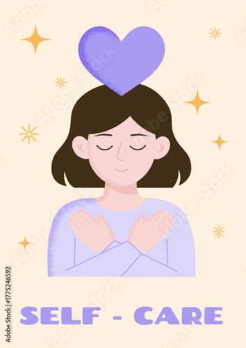 Mental health poster with white girl  hugs herself .  Poster in yellow and light blue colours with grain texture. Self-care consept. Psychological help banner. Flat style. Vector illustration.