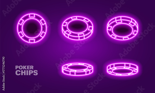 Neon poker chips in different position. Purple glowing chips for casino and poker. Vector illustration.