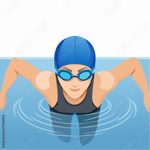 An illustration of a swimmer wearing a blue cap and goggles, performing a stroke in a pool with ripples in the water.