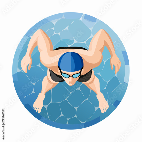 A detailed overhead view of a person swimming in a blue pool, wearing a blue swim cap and goggles.