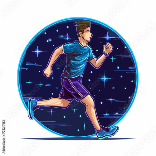 An energetic man in athletic wear is running with determination against a dark, star-filled cosmic background in a vibrant vector illustration.