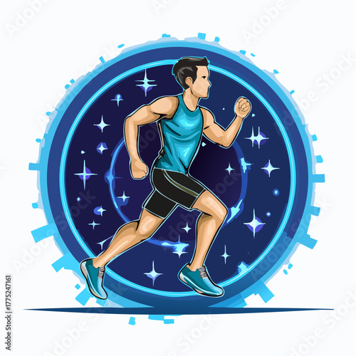 Dynamic illustration of a man running with a futuristic blue cosmic background.