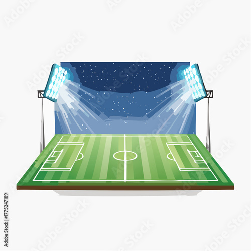A vibrant illustration of a football stadium at night, featuring a green soccer field under bright floodlights and a starry sky.