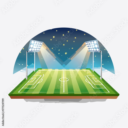 A vibrant cartoon illustration of a soccer stadium at night, illuminated by bright floodlights under a starry sky, ready for a match.