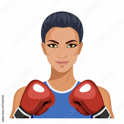 A determined female boxer with short dark hair and red gloves, ready for a fight.