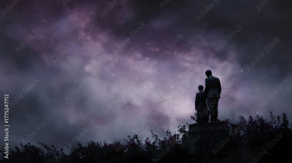 Fototapeta premium Two silhouetted figures stand atop a hill under a dramatic purple starry sky filled with swirling clouds