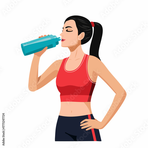 A fit woman in a red sports bra and dark leggings drinking water from a blue bottle after a workout.