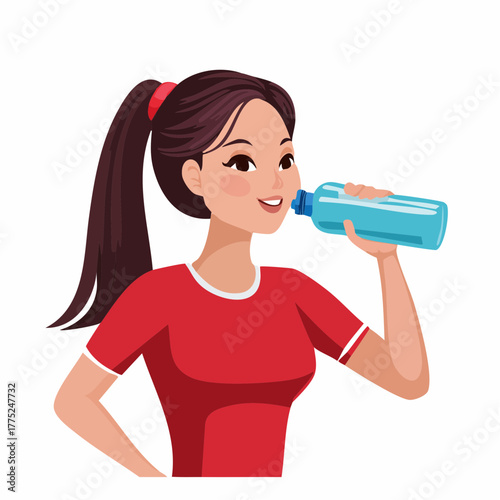 Cartoon illustration of a young woman with a ponytail drinking water from a blue bottle, promoting hydration and healthy lifestyle.