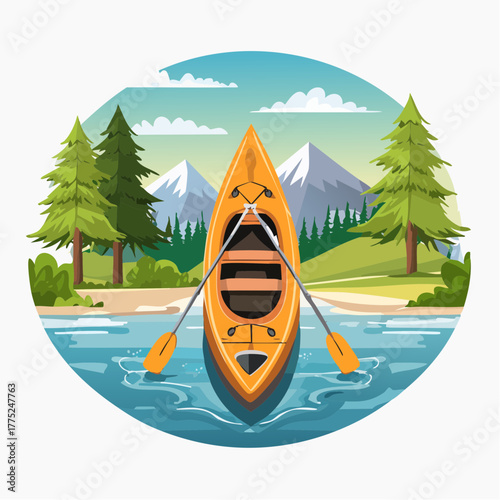 Vibrant illustration of a yellow canoe with paddles on a serene lake, surrounded by majestic mountains, lush pine trees, and a clear blue sky, depicting a peaceful outdoor adventure.