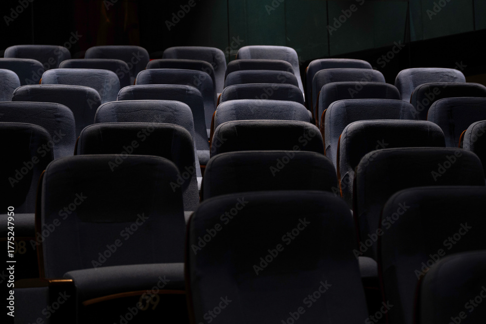 Fototapeta premium Karachi, Pakistan - April 10, 2025: A captivating view of multiple rows of empty seats under dim lighting, Ideal for concepts related to education, presentations, cinema, events, or public gatherings.
