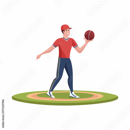 A male baseball player in a red cap and uniform holds a ball on a green field, ready to throw.