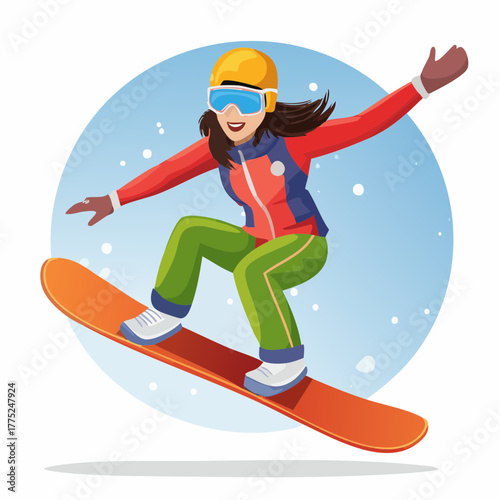 Cartoon illustration of a happy woman snowboarding down a snowy slope, wearing winter sports gear and a helmet.