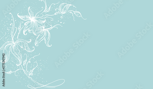 Tableau sur toile Elegant Floral Corner Design on Blue Background — Hand-Drawn White Lily Line Art