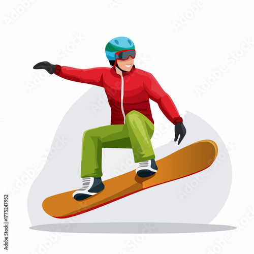 An illustration of a person snowboarding down a slope, wearing winter sports gear including a helmet and goggles.