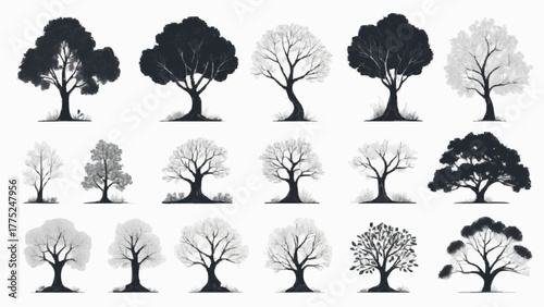 Collection of tree silhouettes set vector illustration for nature and forest design