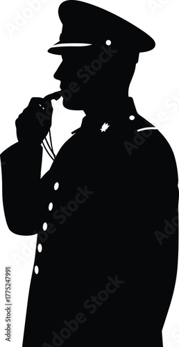 Military officer silhouette, whistle blowing, authority figure, command gesture, uniformed man, discipline symbol, black outline, leadership, law enforcement, alert signal