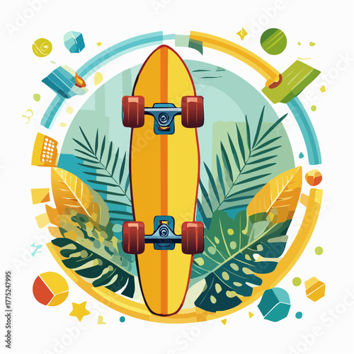 Vibrant illustration of a yellow skateboard with red wheels amidst tropical leaves and abstract geometric shapes, set against a city skyline.