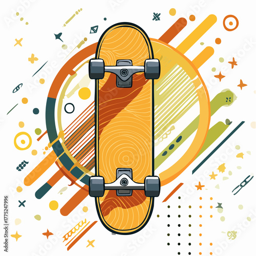Vibrant graphic illustration of a skateboard with abstract geometric shapes and colorful lines on a white background.