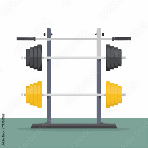 Illustration of a weight rack holding two barbells with black and yellow weight plates, ready for strength training in a gym.