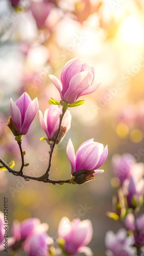 Blooming magnolia branch with pink and white flowers, warm light
