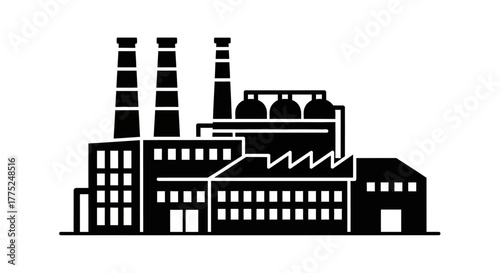 Simple black and white illustration of an industrial factory building complex