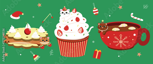 Merry Christmas concept background vector. Collection drawing of cute cats with food, decorative scarf, hat. Design suitable for banner, invitation, card, greeting, banner, cute cover.
