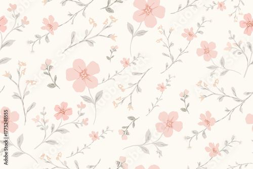 Delicate pastel pink floral seamless pattern with soft gray leaves on a cream background. Perfect for fabric, wallpaper, and elegant feminine designs.
