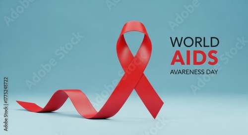 World AIDS Awareness Day 3D render, featuring a flowing red ribbon and text on a blue background.