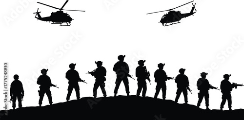 Military silhouette scene, armed soldiers on terrain, tactical gear, flying helicopters, combat formation, black vector illustration, defense, war, battlefield, army