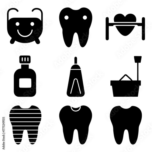 Oral Health and Hygiene Icons — Tooth, Floss, Smile, Dentist Chair.