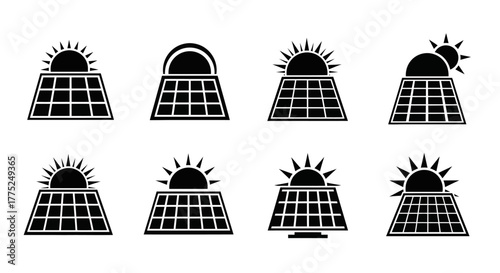 Black and white solar panel icons with varying sun positions
