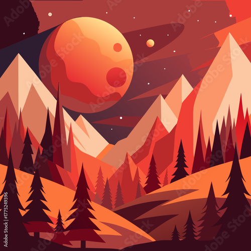 Surreal martian landscape with giant planet and jagged mountains