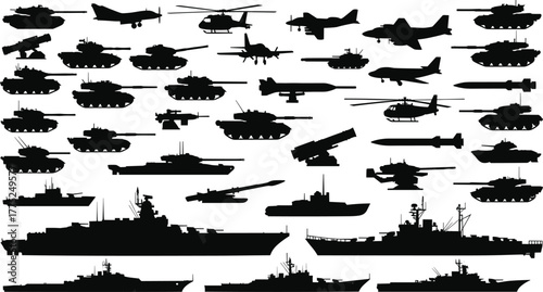 Military vehicle silhouette, tank, helicopter, fighter jet, submarine, warship, missile, artillery, black icon, warfare, defense, combat, army, navy, air force, weapon system, 