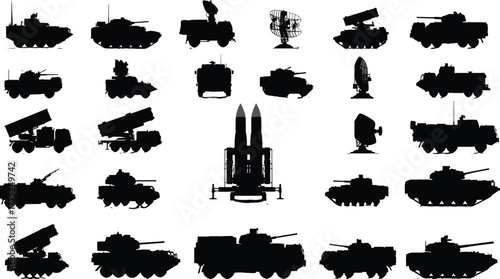 Military vehicle silhouettes, tank icons, missile launcher shapes, radar system outlines, armored units, black silhouettes, defense equipment, isolated on white