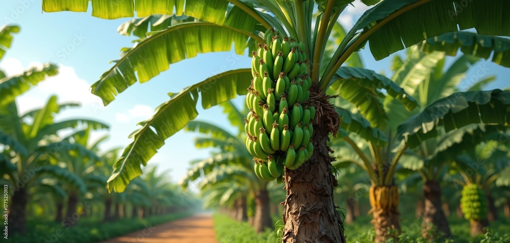 Obraz premium Banana tree with bunch of green unripe fruit at sunny plantation. Rows of palms grow in tropical farm landscape. Agricultural business cultivates organic food crops. Rural farmland shows raw