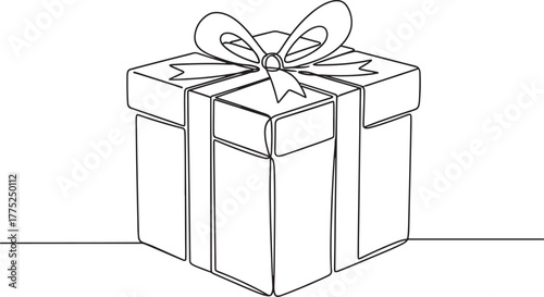 Minimalist line drawing of a gift box with a ribbon and bow on a white background
