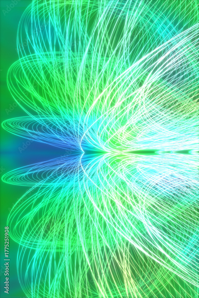 Obraz premium 緑色のグラデーションの光の筋が美しい曲線を描く3DCG縦長緑背景