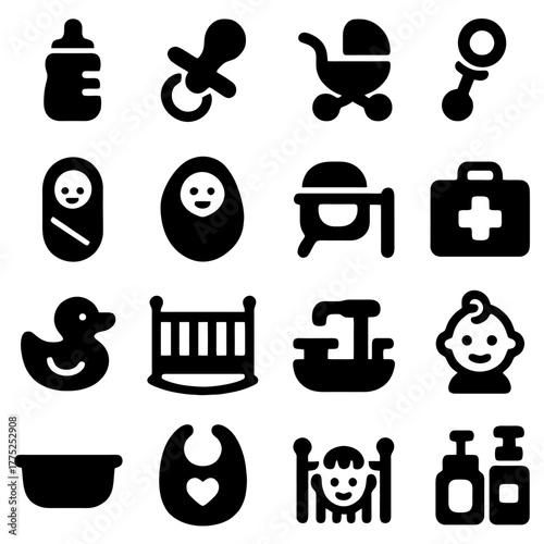 Essential Infant Elements: An arrangement of essential elements portrays the world of infancy, from feeding essentials to care. These silhouettes capture the simple necessities of babyhood.