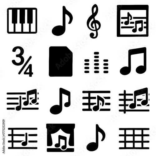 Musical Harmony Elements: A graphic illustration showcasing a collection of musical symbols and elements, capturing the essence of music notation and composition. 