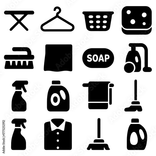 Laundry and Cleaning Icons: A minimalist arrangement of various laundry and cleaning icons, including ironing board, clothes hanger, laundry basket, sponge, brush, cloth, soap, vacuum cleaner.