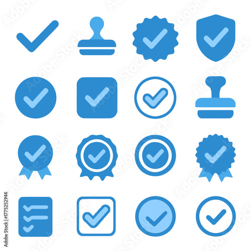 Checkmark Emblems: A collection of various checkmark symbols, icons, and badges. Displaying diverse design, perfect for concepts related to approval, confirmation, and validation. 