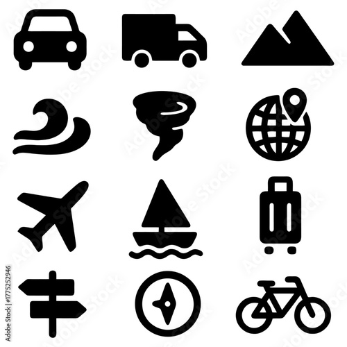 Travel and Transportation Icons: A curated collection of travel and transport icons, each representing a mode of transportation and element of exploration. Featuring icons of car, truck, mountain.