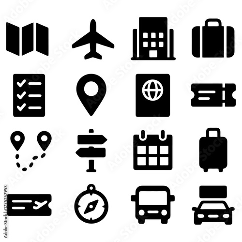 Essential Travel Icons: A visually informative collection of essential travel icons, perfect for representing various aspects of travel and tourism.