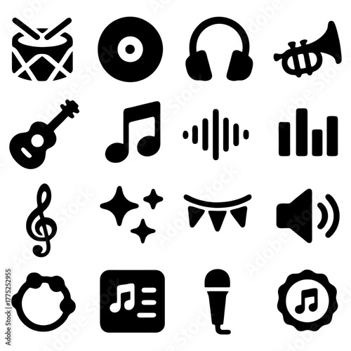 Musical Harmony Icon: A collection of musical icons, meticulously rendered in a modern design, represents the heart of musical instruments and audio elements.