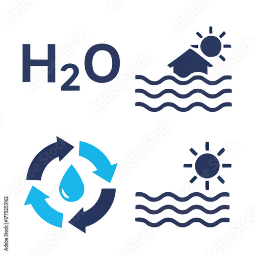 H2o water cycle and sun icons representing evaporation and condensation