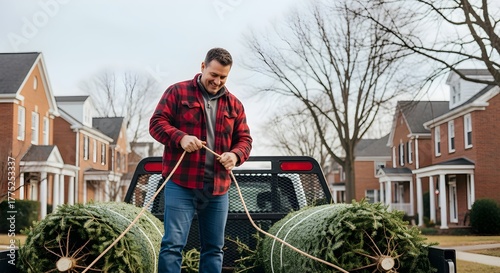Smiling man in plaid shirt carefully secures fresh Christmas trees in the back of his pickup truck, ready for holiday decorating in a suburban setting