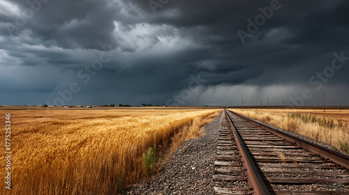 Wheat Field and Railroad Tracks Under an Approaching Stormy Sky
